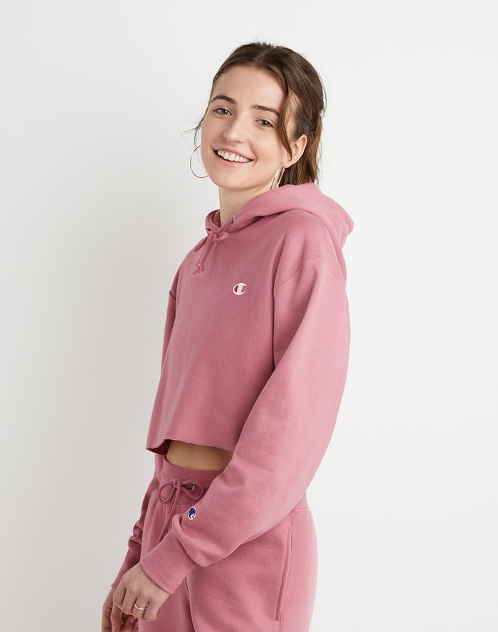 Champion Reverse Weave Cropped Cut-Off C Logo Kadın Kapşonlu Sweatshirt Pembe ( JBKOMD743 )